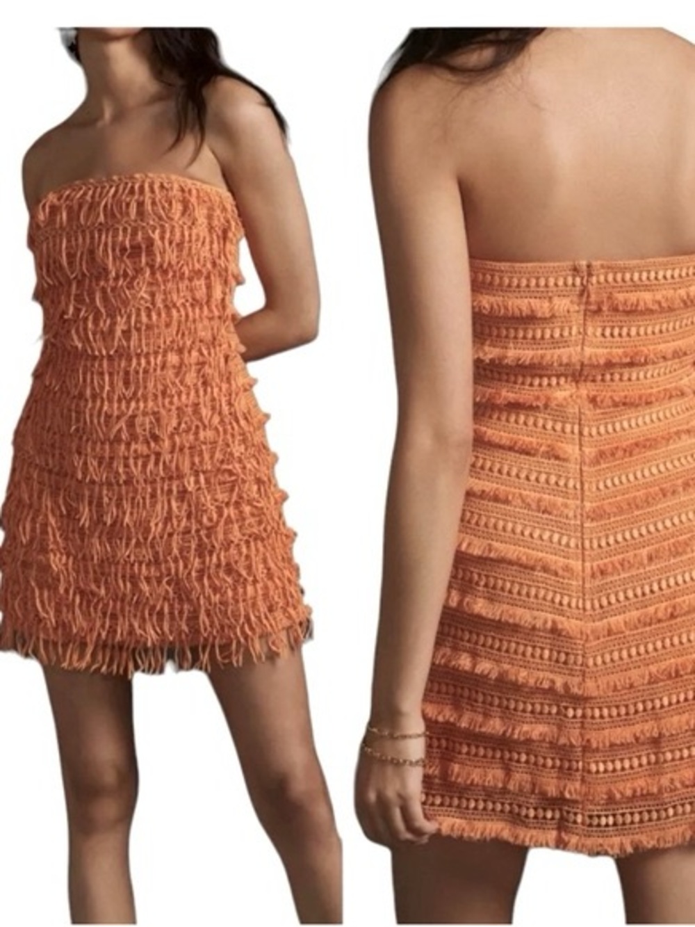 Anthropologie Let Me Be Fringed Orange Tube Dress Strapless Festival Boho Tassle